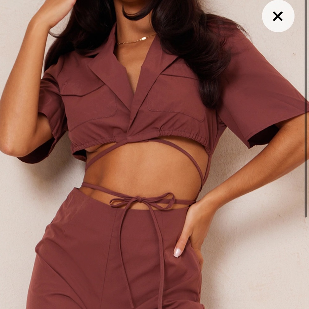 Chocolate short sleeve tie waist jumpsuit - Picture 4 of 9